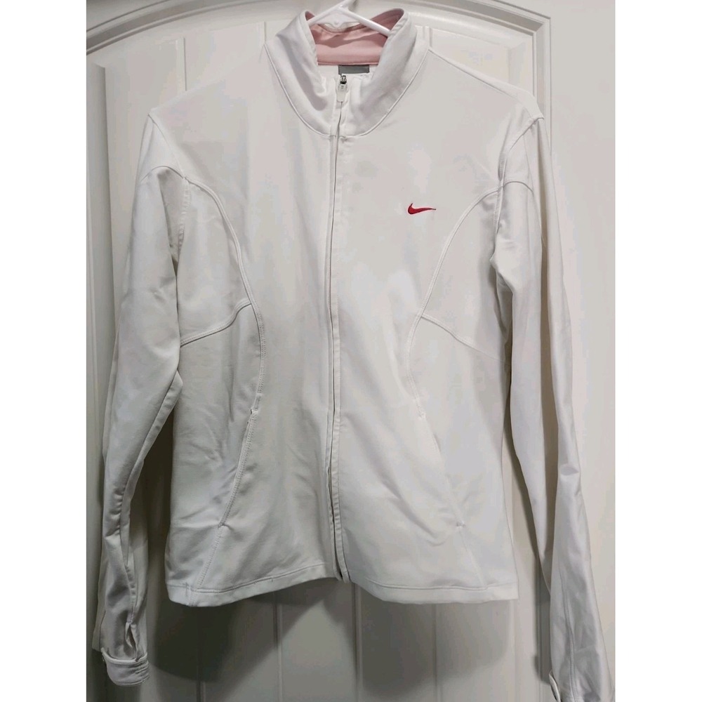 Nike Fit Dry Womens White Full Zip Training Jacket Pink Trim 225805-102 Medium